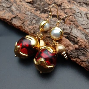 Cultured White Pearl Red Murano Glass Drop Dangle 18kt Gold Over Hook Earrings - Picture 1 of 4