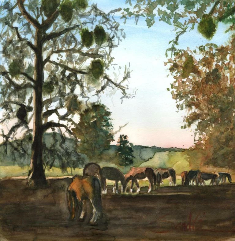 Ojai Horses by Sandra Watercolors™ - Signed LE Art Print - Tranquil, Rustic - Image 1 of 1