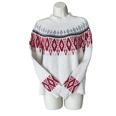 Suéter de Navidad Lucky Brand Acogedor Fair Isle Para Mujer Cuello Redondo Marfil Rojo Gris S Foto 1 de 4