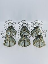 3 STAINED GLASS BRASS ANGEL PLAYING A HORN Christmas Tealight Candle Holder vtg
