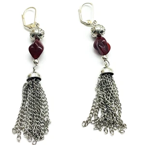 Tassel Earrings Pierced Silver Tone Rose Bead Red Accents Boho Festival Party - Picture 1 of 9