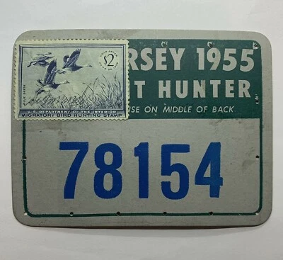 1955 NEW JERSEY HUNTING PLATE #78154 WITH $2 USED MIGRATORY BIRD HUNTING STAMP - Image 1 of 3