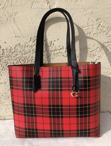 Borsa tote nuova con etichette Coach Highline stampa a quadri rivestita in tela rossa (CF232)