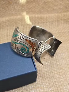 Vintage Sterling Silver Crushed Turquoise & Coral Inlay Watch Cuff Bracelet 66G - Picture 1 of 10