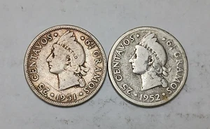 Lot of 2x Dominican Republic 25 Centavos - 90% Silver - 1951 and 1952 Dates - Picture 1 of 6