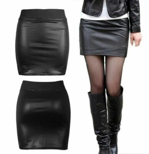 PVC WET LOOK MINI PENCIL TUBE BODYCON BAND MINI SKIRT WOMEN & LADIES SIZE 8-26 - Picture 1 of 2