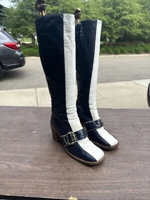 vtg 60s go go boots mot blue and white stack platform heels campus 7 70s Flower - Image 1 of 4