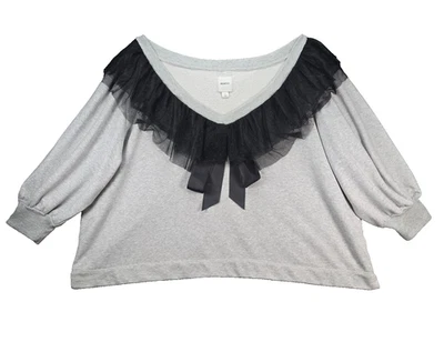 Maeve Mesh Ruffles & Bow Oversized Sweatshirt L Gray & Black 3/4 Bubble Sleeve - Image 1 of 4