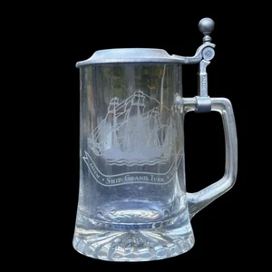 German Beer Stein Old Spice Salem Ship Grand Turk 1786 Glass w/ Pewter Lid ALWE - Picture 1 of 8