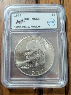 1977-P Eisenhower $1 MS66 ICG Autographed Graded Slab Rare Collectible Dollar! - Image 1 of 3