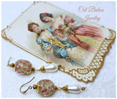 Barock Rokoko Ohrringe Vintage Blumen Straß Glas Perle Rosa Grün CatBalouJewelry - Bild 1 von 4