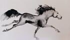 Black Horse running Art watercolor painting signed, stallion, equestrian, equine