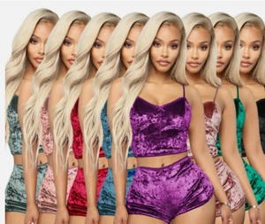 Women Velvet Cami Set Sleepwear Silk Pajamas Sexy Camisole Nightwear Babydoll - Picture 1 of 28