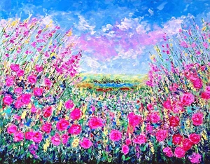 Abstract flower field pink wildflowers art print of painting 2.5x3.5 Aceo mini - Picture 1 of 2