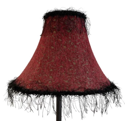 Red Gold Fabric Lampshade Luxury Bell Feathered Faux Silk Medium Lighting Decor - Image 1 of 4