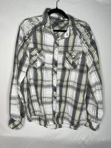 MK Machine Shirt Embroidered Swirl Over Plaid Pockets Cotton XL Button Down - Picture 1 of 12