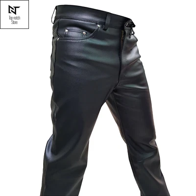 Cómodos Suaves Cuero Sintético PU Hombre Pantalones Clásico 501 Estilo Motociclista Pantalones Foto 1 de 4
