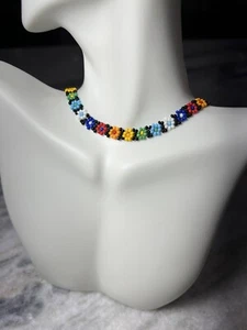 Vintage Artisan Made Multicolored Bead, Flower Design, Hook Clasp, Choker, 14” - Picture 1 of 7