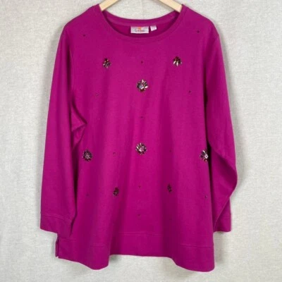 Sudadera Quacker Factory Mujer Estrás Cuentas Talla 1X Gemas Rosa Vibrante Foto 1 de 4