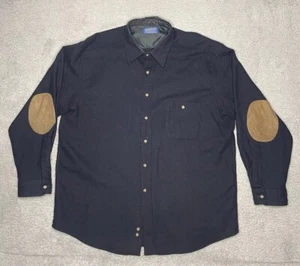 Vtg Pendleton 100% Pure Virgin Wool Button Up Shirt Men XL Navy Blue Elbow Patch - Picture 1 of 16