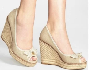 Tory Burch Jackie Natural Shimmer Peep-Toe Espadrille Wedge Size 11 B - Picture 1 of 15
