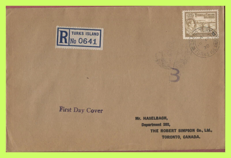 Turks & Caicos 1938 KGVI 1/- on First Day Cover to Canada - Image 1 of 1