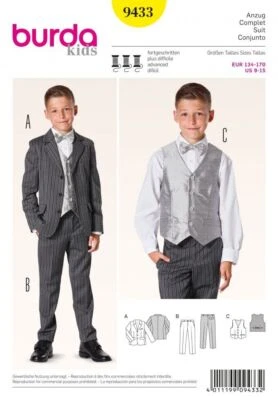BURDA 9433 FORMAL SUIT WAISTCOAT Sewing Pattern Ages 9-15 Years Skill: ADVANCED - Image 1 of 4