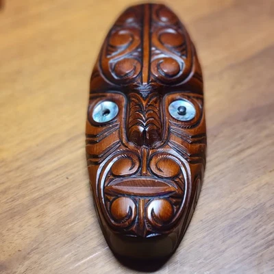 Vintage Maori Rotorua New Zealand Moana Wood Carving Polynesian Shell Tiki Mask  - Image 1 of 4