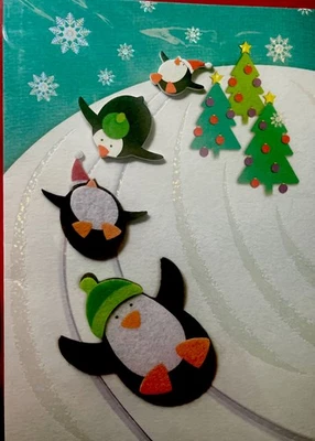 Papyrus~Iridescent Snowflakes~Felt Penguins~Christmas Card - Image 1 of 2