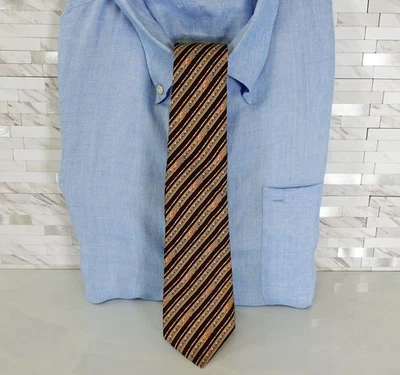 Brown Neck Tie Mens Cream Striped Silk Solid Paisley Narrow Boho Suit Floral DAN - Image 1 of 4