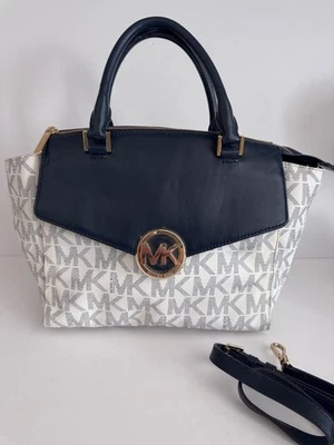 Michael Kors Hudson Large Navy & White Signature Satchel Purse Bag READ - Image 1 of 4