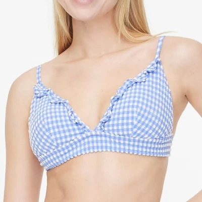 NWT J.Crew Factory Blue & White Gingham Seersucker French Bikini Ruffle Top Sml - Image 1 of 4
