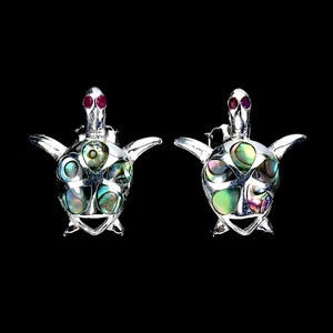 925 Sterling Silver Earrings Round Ruby Mother Of Pearl Gemstone Turtle Jewelry - Picture 1 of 13