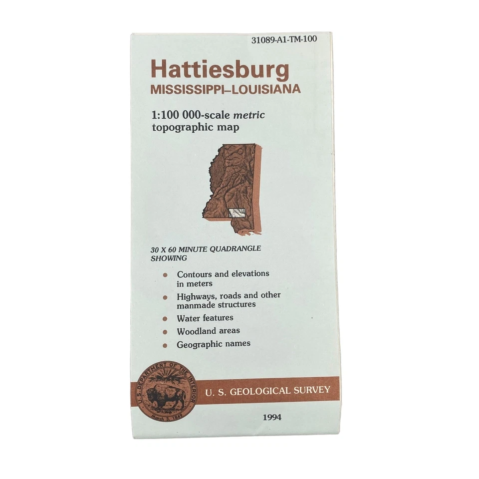 USGS Topographic Map 1994 Survey 30"x60" MS, LA Hattiesburg 31089-A1-TM-100 - Image 1 of 4