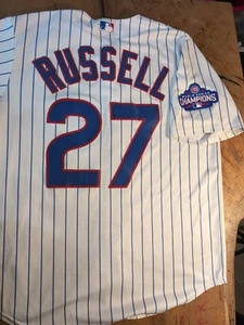 Chicago Cubs Russell 27 Pinstripe Jersey - 2016 World Series Champion - Size L - Imagen 1 de 9