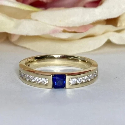 Natural Blue Sapphire & Diamond Solid 14k Yellow Gold Wedding Men's Band Ring - Image 1 of 4