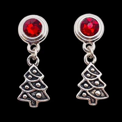 Red Swarovski Crystal Pewter Christmas Tree Earrings Christmas Holiday - Image 1 of 4