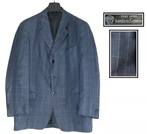 Men's 46 L Barneys NY Lanificio Campore 100% Pure Linen Blue Windowpane Blazer - Picture 1 of 8