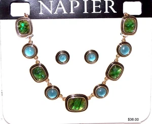 New NAPIER Gold Tone NECKLACE & EARRINGS Blue Sets & Green Faceted Acrylic MOP - Picture 1 of 9