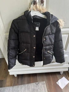 Girls Navy Blue Puffer Coat Size 7 Winter Jacket Hooded Warm Outerwear - Picture 1 of 11