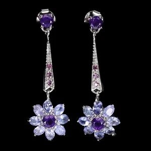 Black Friday 925 Sterling Silver Earrings Tanzanite Amethyst Rhodolite Jewelry - Picture 1 of 13