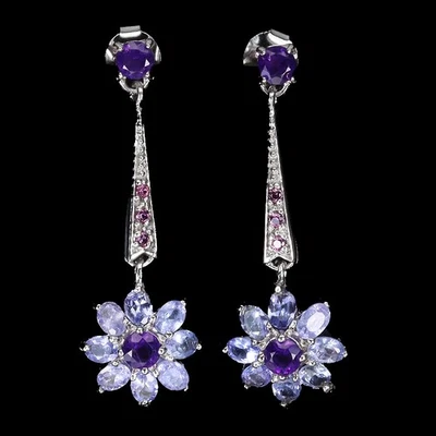 Black Friday 925 Sterling Silver Earrings Tanzanite Amethyst Rhodolite Jewelry - Image 1 of 4