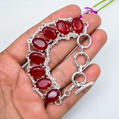 Red Ruby Bracelet Lab -Created Gemstone Handmade 925 Sterling Silver Jewelry - Image 1 of 4