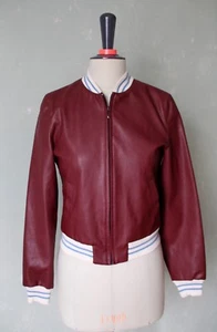 Jacke Bomberjacke oldschool Kookai Lederimitat bordeaux beige blau Gr. 36 S - Bild 1 von 2