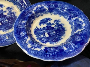 Antique Brownfield & Sons Grecian Statue Flow Blue 9" Soup Bowls - Imagen 1 de 5