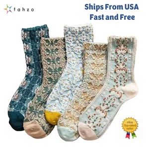Womens Socks Vintage Floral Embroidery Pattern Gift for her Crew Socks 5 Pairs - Picture 1 of 13