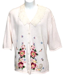 VTG Susan Bristol Pastel Pink Lace Collar Cardigan Sweater Hand Embroidered LRG - Picture 1 of 20