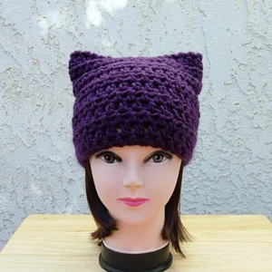 Pussy Cat Hat w/ Ears Womens Light Pink Soft Handmade Crochet Knit Winter Beanie - Picture 1 of 38