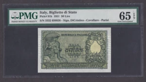 [PMG-65 EPQ] 1951 Italy 50 Lire P-91b 3332-036858 - Picture 1 of 2