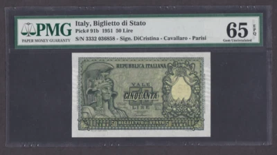 [PMG-65 EPQ] 1951 Italy 50 Lire P-91b 3332-036858 - Image 1 of 2